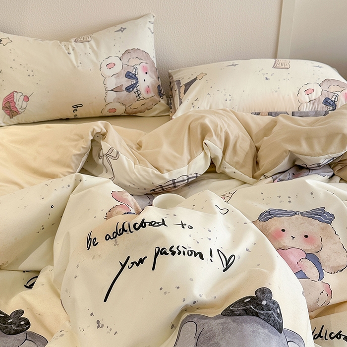 91家纺网 家纺一手货源 找家纺 梵克保罗 2025新款ins风亲肤卡通条格印花水洗棉系列四件套-风格一 萌宠小象