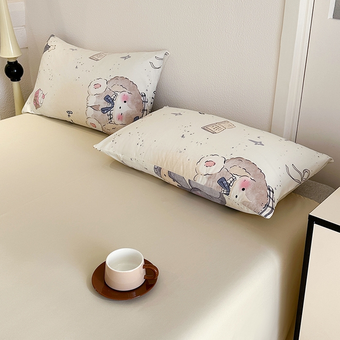 91家纺网 家纺一手货源 找家纺 梵克保罗 2025新款ins风亲肤卡通条格印花水洗棉系列四件套-风格一 萌宠小象