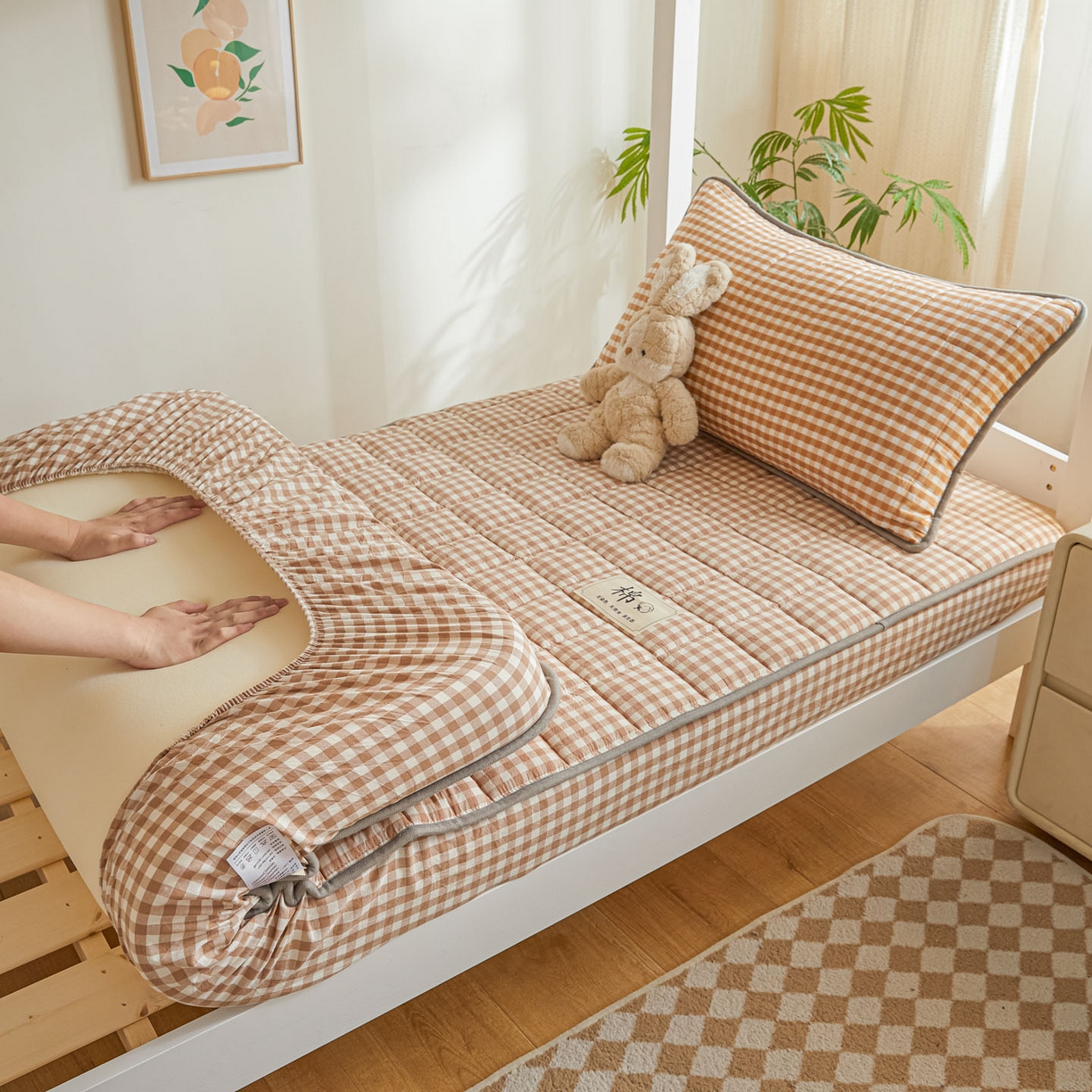 91家纺网 家纺一手货源 找家纺 鑫钰 2025新款A类新疆棉花床笠学生宿舍专用90*190-棉格系列 棉格-驼小格