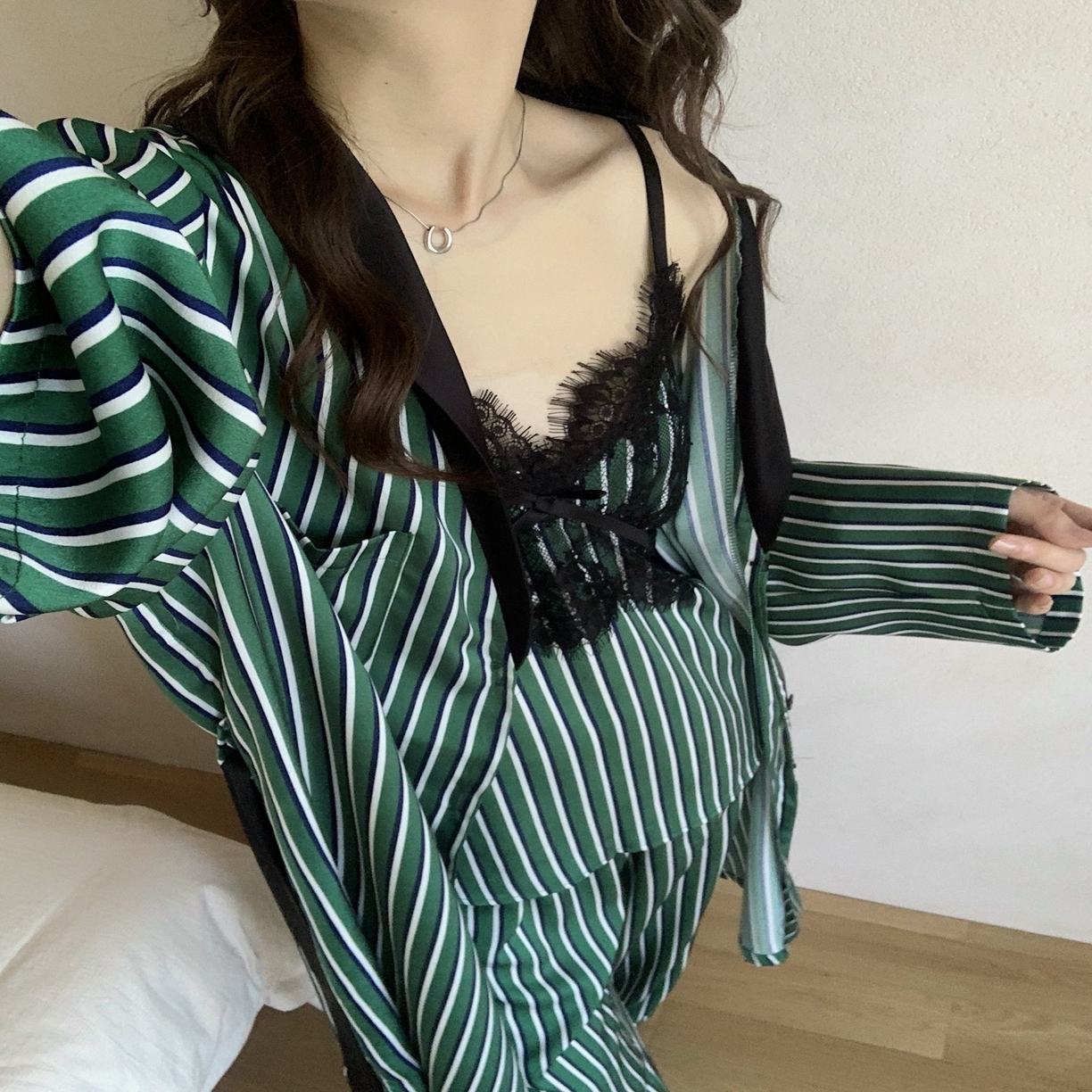 （總）妍景家居生活館 2025新款韓系25110-復古拼色條紋冰絲三件套