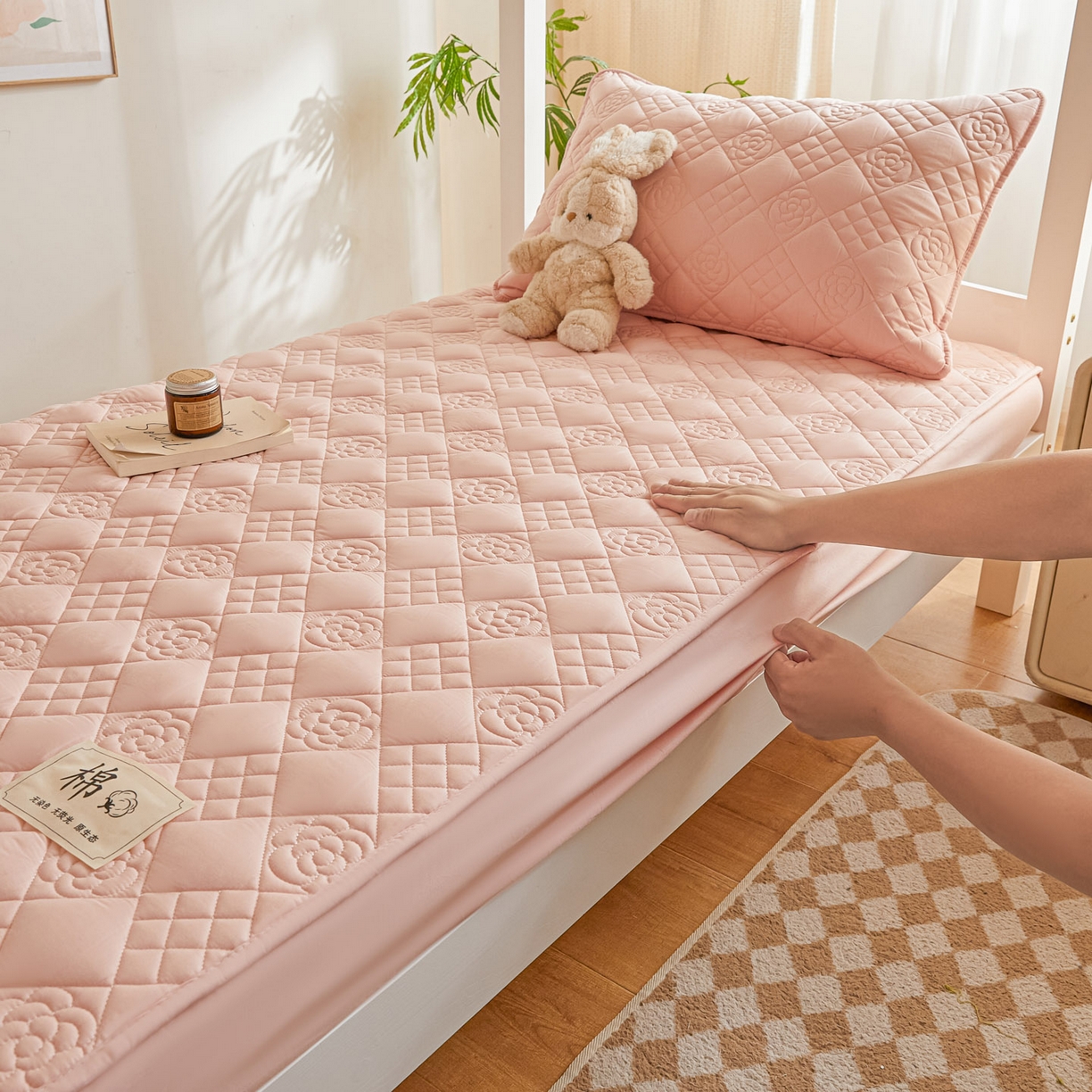 91家纺网 家纺一手货源 找家纺 （总）鑫钰 2025新款A类纯棉夹棉床笠学生宿舍专用90x190-80x190-花漾山茶格