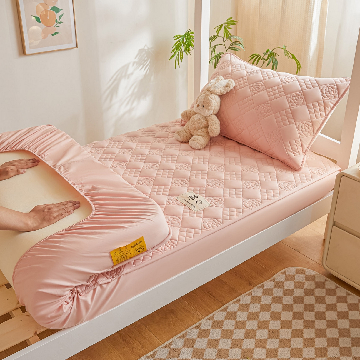 91家纺网 家纺一手货源 找家纺 （总）鑫钰 2025新款A类纯棉夹棉床笠学生宿舍专用90x190-80x190-花漾山茶格