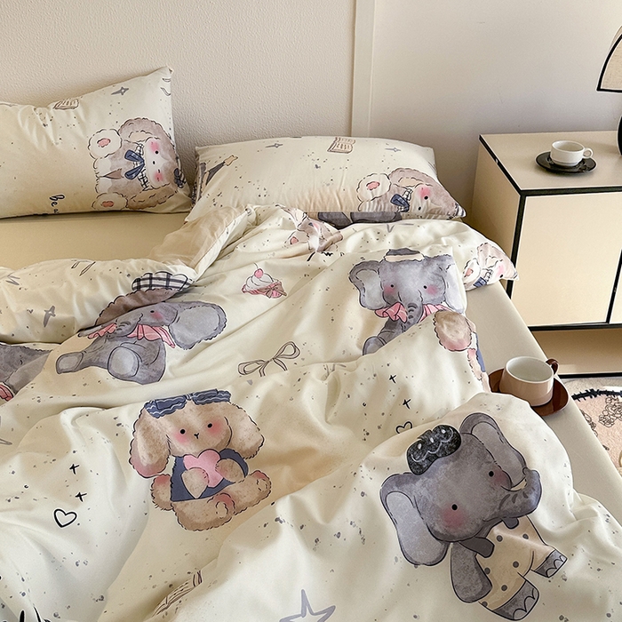 91家纺网 家纺一手货源 找家纺 梵克保罗 2025新款ins风亲肤卡通条格印花水洗棉系列四件套-风格二 萌宠小象