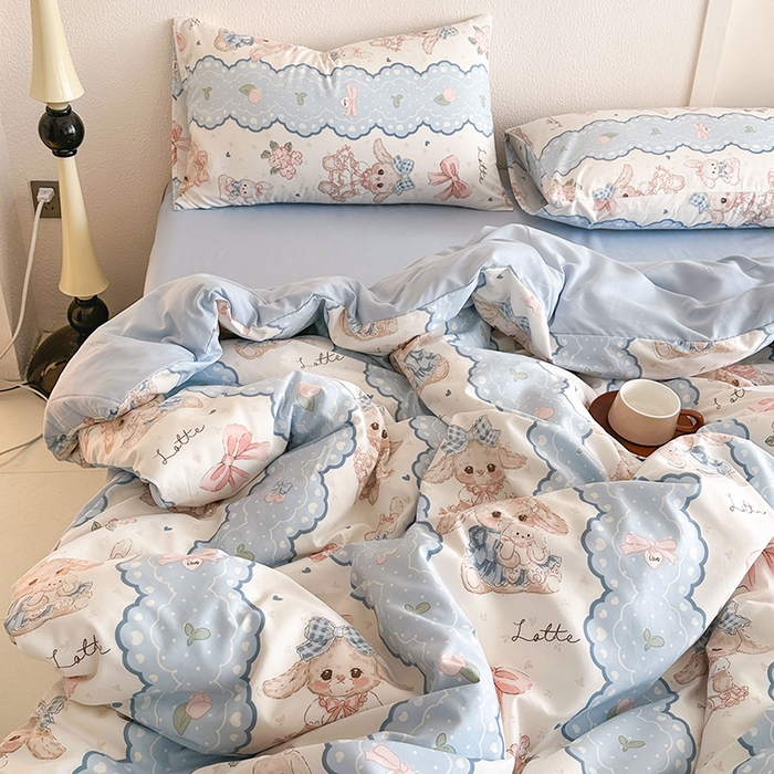 91家纺网 家纺一手货源 找家纺 梵克保罗 2025新款ins风亲肤卡通条格印花水洗棉系列四件套-风格二 可爱小兔