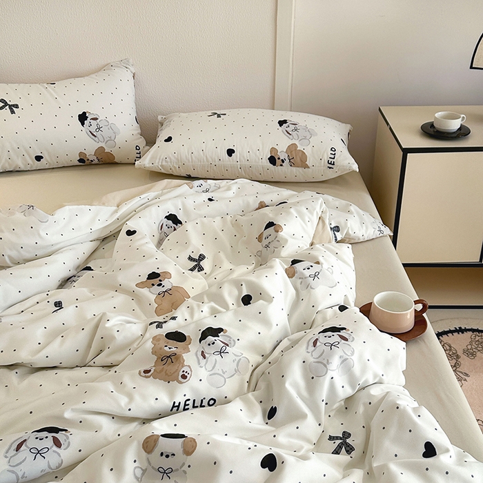 91家纺网 家纺一手货源 找家纺 梵克保罗 2025新款ins风亲肤卡通条格印花水洗棉系列四件套-风格二 小熊派对