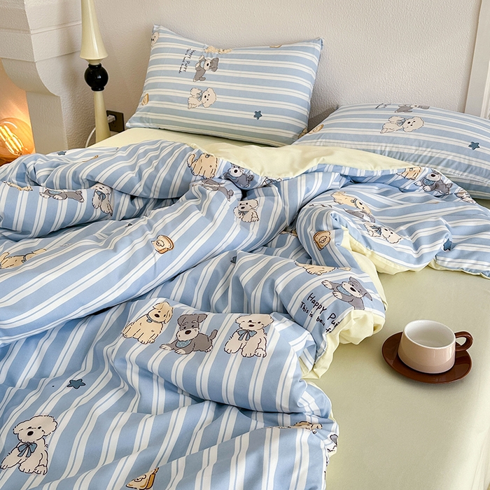 91家纺网 家纺一手货源 找家纺 梵克保罗 2025新款ins风亲肤卡通条格印花水洗棉系列四件套-风格二 可爱狗