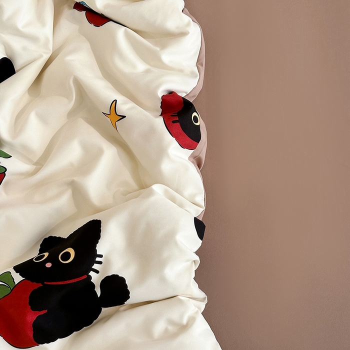 91家纺网 家纺一手货源 找家纺 梵克保罗 2025新款ins风亲肤卡通条格印花水洗棉系列四件套-风格二 小黑猫