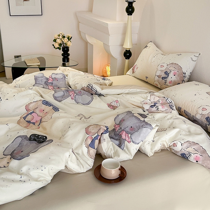 91家纺网 家纺一手货源 找家纺 梵克保罗 2025新款ins风亲肤卡通条格印花水洗棉系列四件套-风格二 萌宠小象