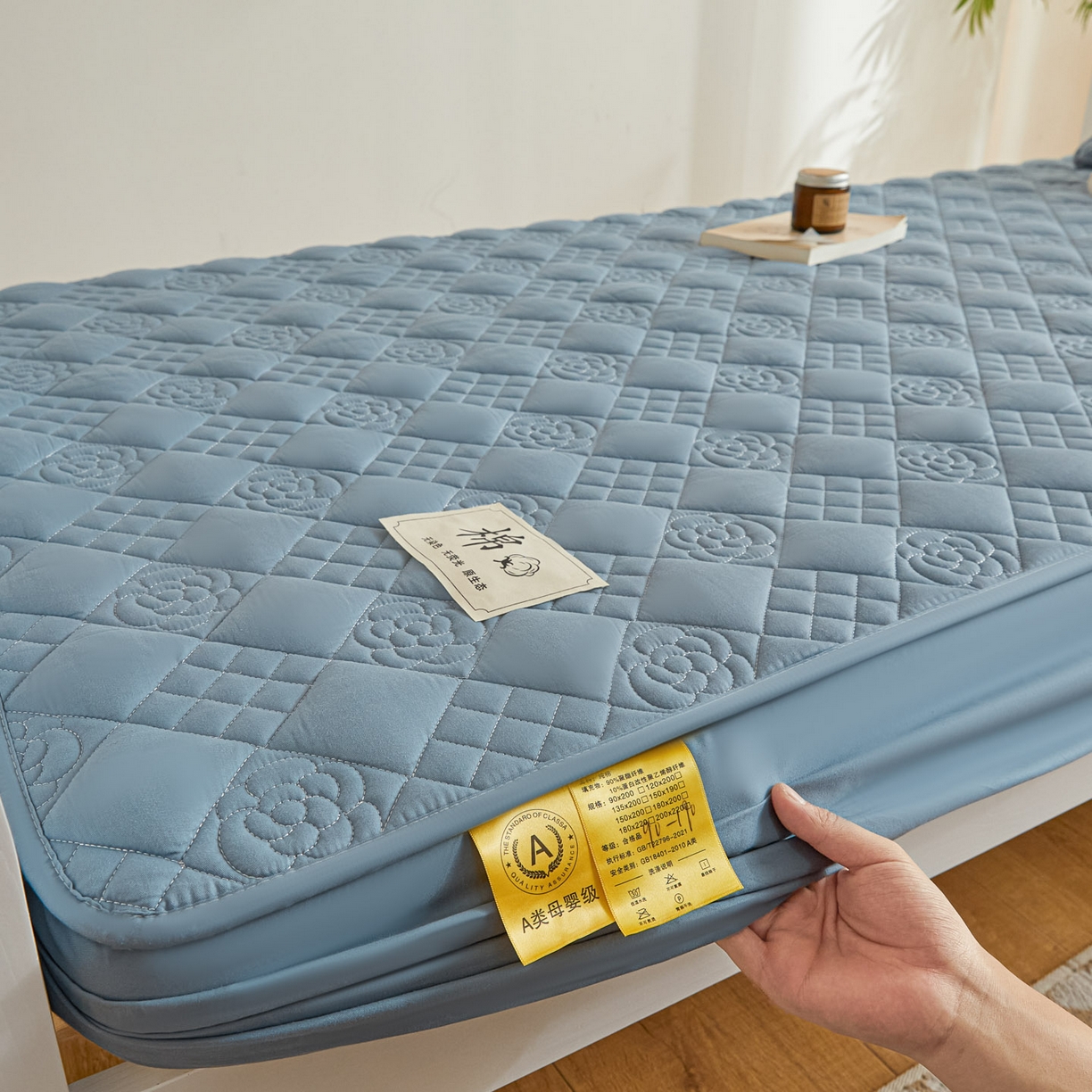 91家纺网 家纺一手货源 找家纺 鑫钰 2025新款A类纯棉夹棉床笠学生宿舍专用90x190-80x190-花漾山茶格 花漾山茶格-蓝