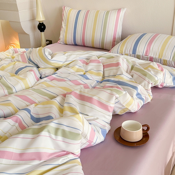 91家纺网 家纺一手货源 找家纺 梵克保罗 2025新款ins风亲肤卡通条格印花水洗棉系列四件套-风格二 日系马卡龙条