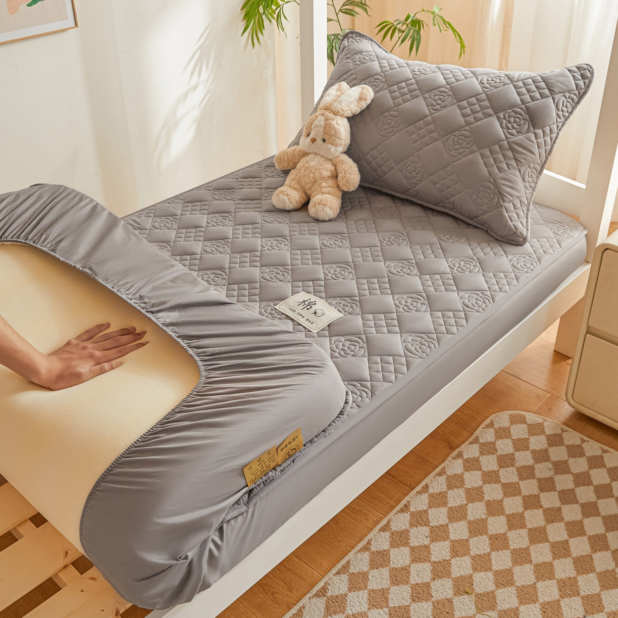 鑫钰 2025新款A类纯棉夹棉床笠学生宿舍专用90x190-80x190-花漾山茶格 花漾山茶格-灰