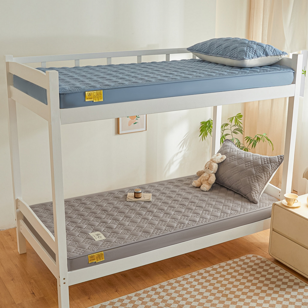 91家纺网 家纺一手货源 找家纺 鑫钰 2025新款A类纯棉夹棉床笠学生宿舍专用90x190-80x190-花漾山茶格 花漾山茶格-灰