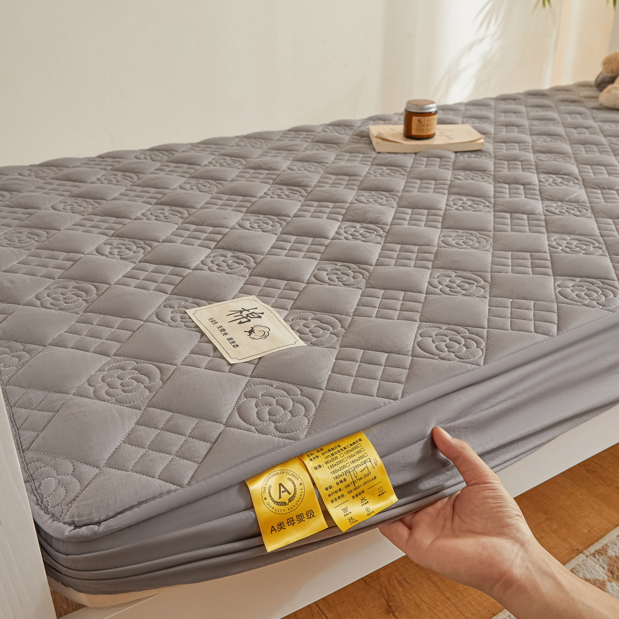 91家纺网 家纺一手货源 找家纺 鑫钰 2025新款A类纯棉夹棉床笠学生宿舍专用90x190-80x190-花漾山茶格 花漾山茶格-灰