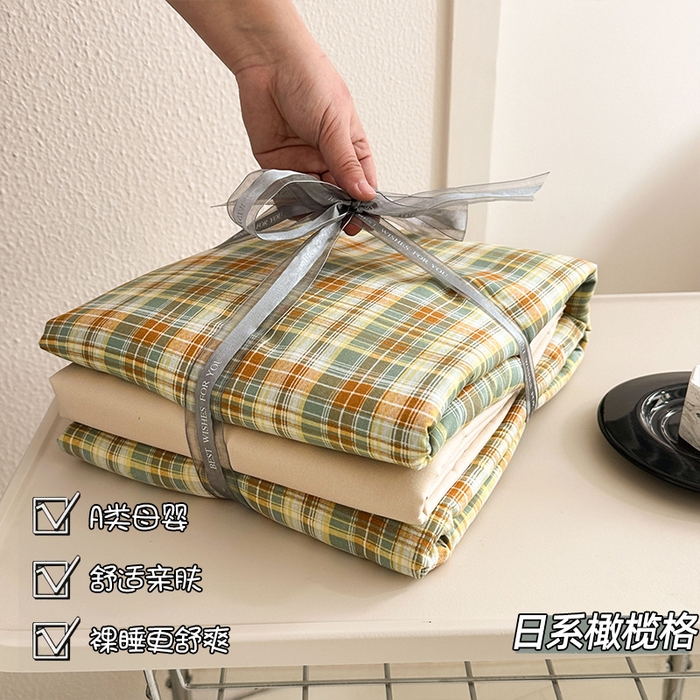 梵克保罗 2025新款ins风亲肤卡通条格印花水洗棉系列四件套-风格三 日系橄榄格