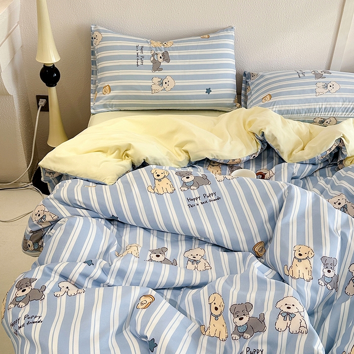 91家纺网 家纺一手货源 找家纺 梵克保罗 2025新款ins风亲肤卡通条格印花水洗棉系列四件套-风格三 可爱狗