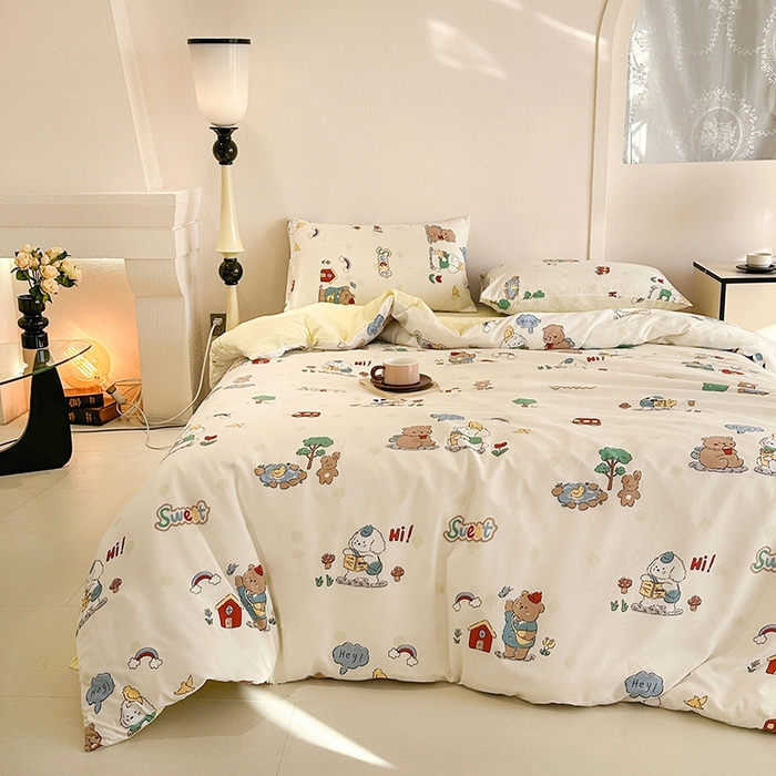 91家纺网 家纺一手货源 找家纺 梵克保罗 2025新款ins风亲肤卡通条格印花水洗棉系列四件套-风格三 森林巴士