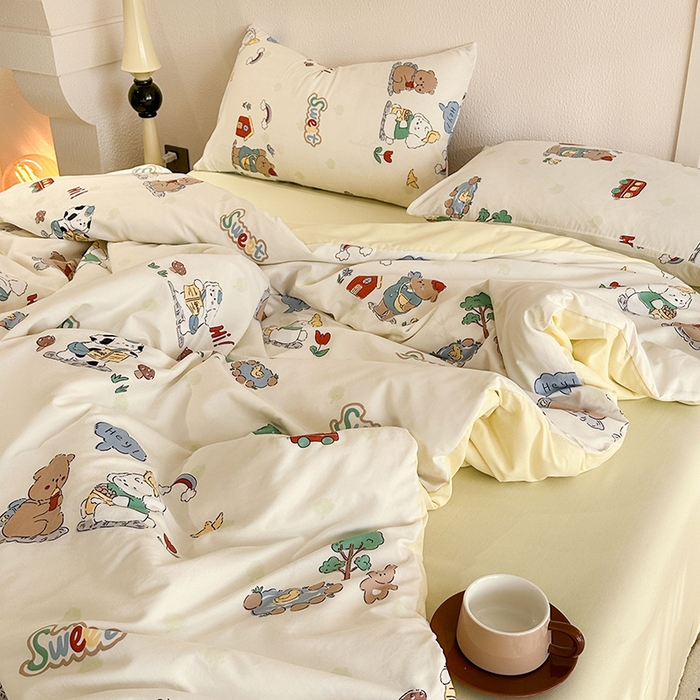 91家纺网 家纺一手货源 找家纺 梵克保罗 2025新款ins风亲肤卡通条格印花水洗棉系列四件套-风格三 森林巴士