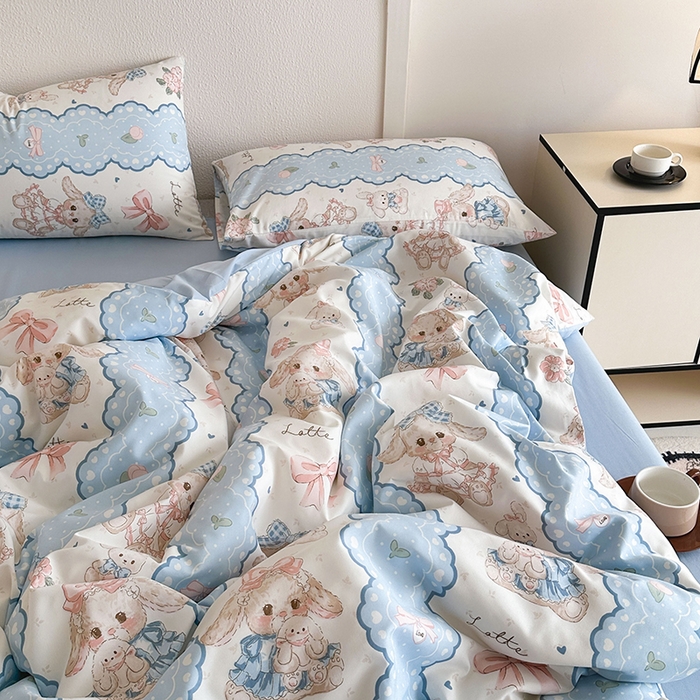 91家纺网 家纺一手货源 找家纺 梵克保罗 2025新款ins风亲肤卡通条格印花水洗棉系列四件套-风格三 可爱小兔