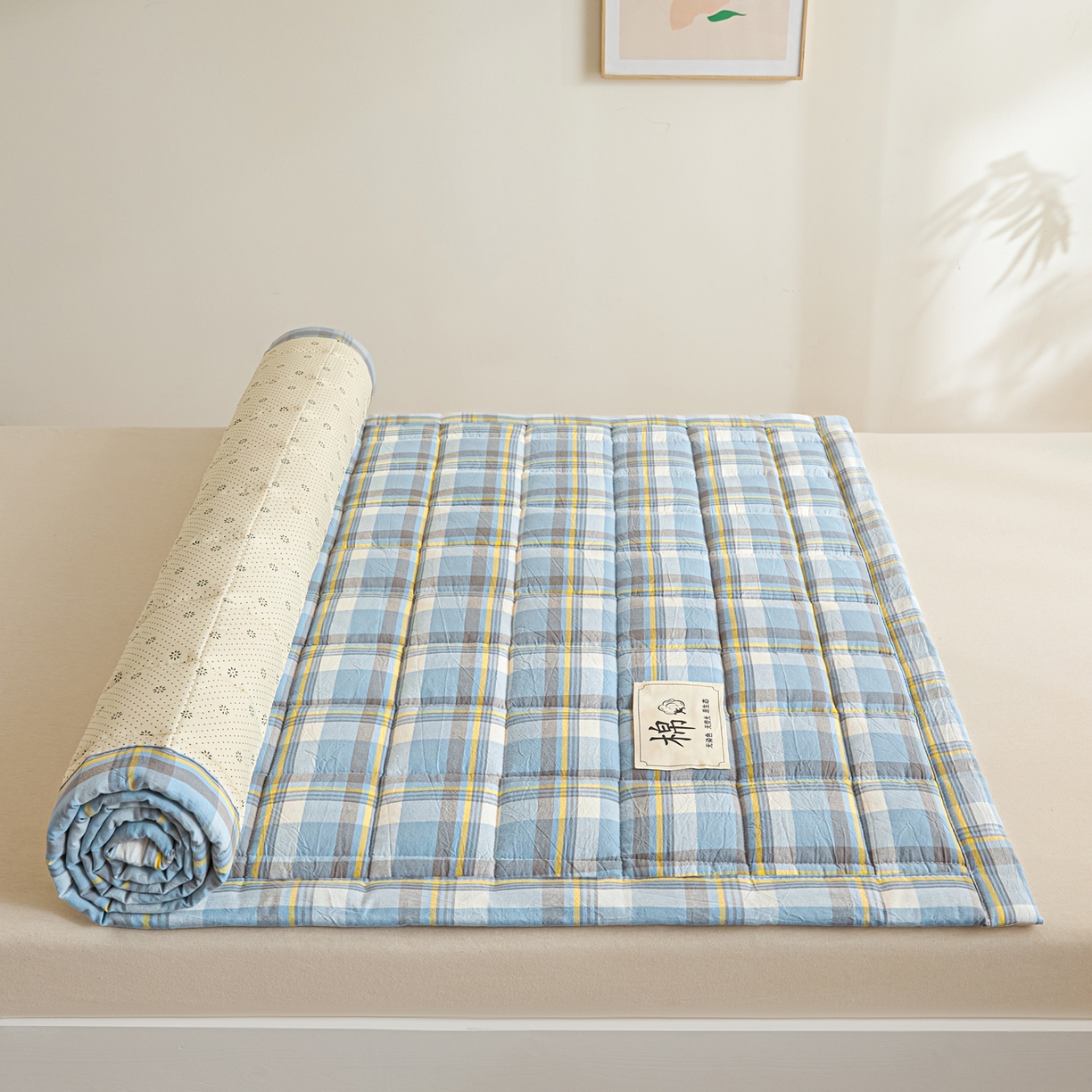 91家纺网 家纺一手货源 找家纺 鑫钰 2025新款学生开学季宿舍专用新疆棉花床垫薄款 棉格-简希蓝