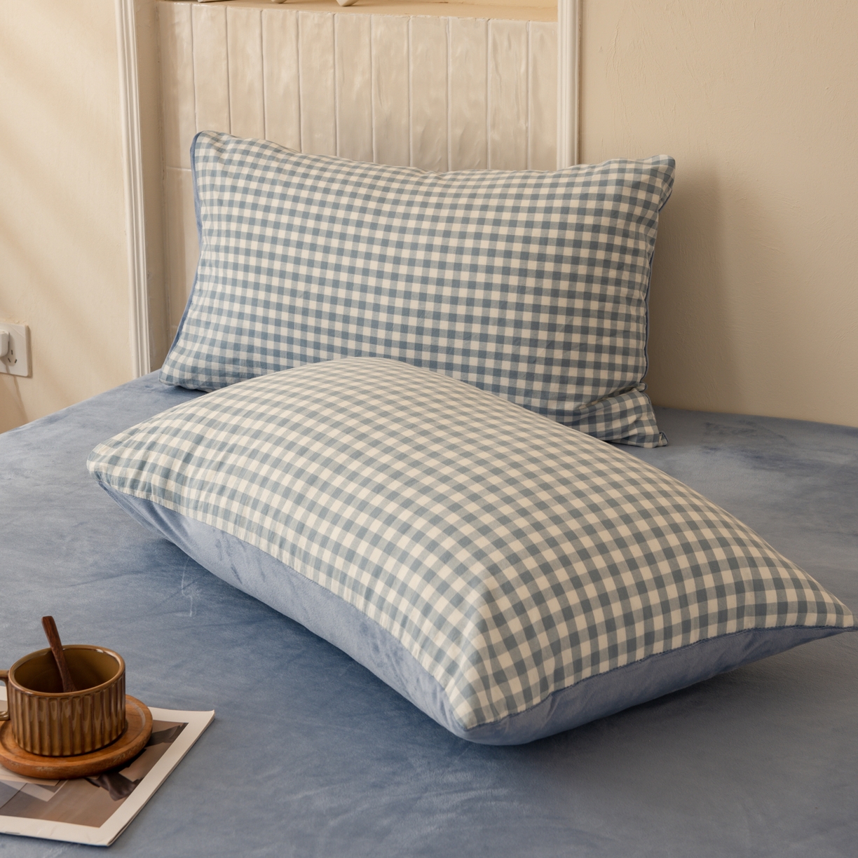 91家纺网 家纺一手货源 找家纺 雯雨家纺 2025新款全棉加牛奶绒宝宝绒一面棉一面绒单件被套单品被套 棉绒-蓝小格