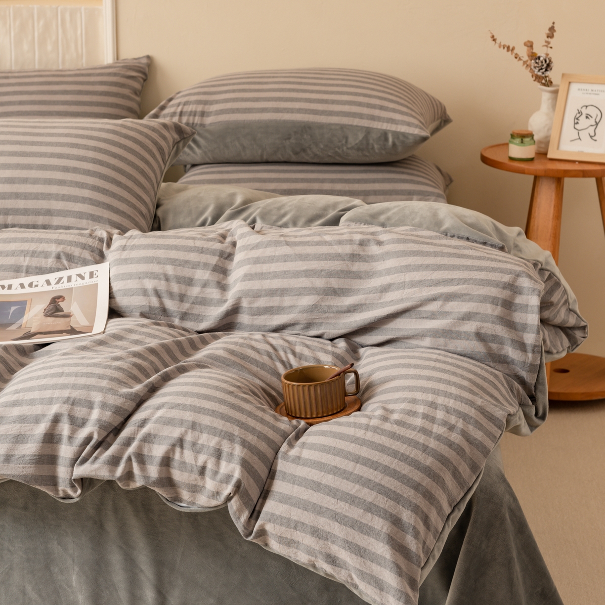 91家纺网 家纺一手货源 找家纺 雯雨家纺 2025新款全棉加牛奶绒宝宝绒一面棉一面绒单件被套单品被套 棉绒-布林灰