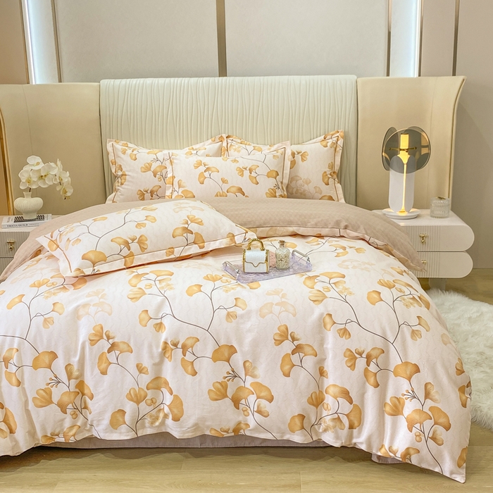 91家纺网 家纺一手货源 找家纺 红日子纺织品 2025新款100%全棉纯棉磨毛四件套 金秋杏叶