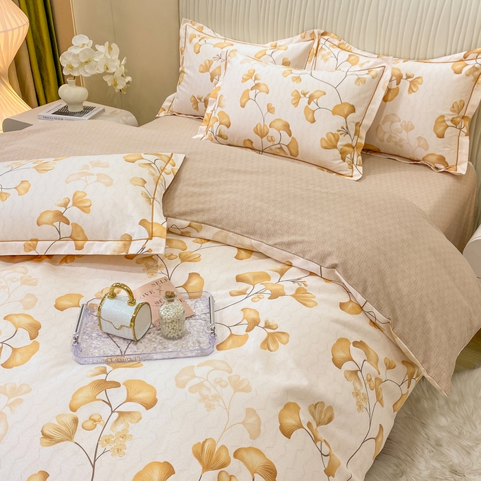 91家纺网 家纺一手货源 找家纺 红日子纺织品 2025新款100%全棉纯棉磨毛四件套 金秋杏叶