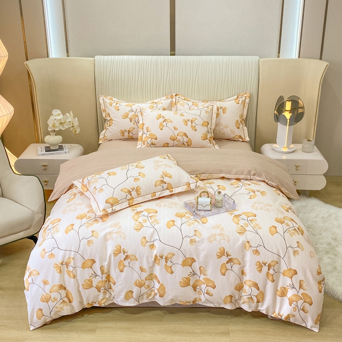 91家纺网 家纺一手货源 找家纺 红日子纺织品 2025新款100%全棉纯棉磨毛四件套 金秋杏叶