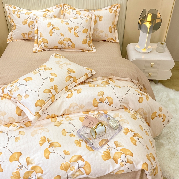 91家纺网 家纺一手货源 找家纺 红日子纺织品 2025新款100%全棉纯棉磨毛四件套 金秋杏叶