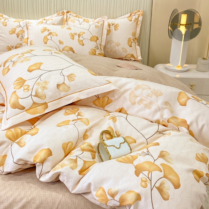 91家纺网 家纺一手货源 找家纺 红日子纺织品 2025新款100%全棉纯棉磨毛四件套 金秋杏叶