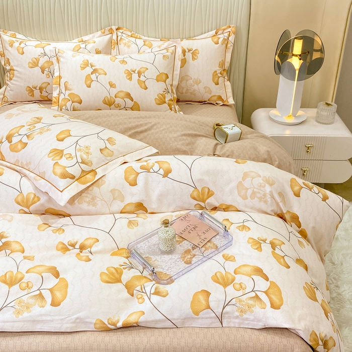 91家纺网 家纺一手货源 找家纺 红日子纺织品 2025新款100%全棉纯棉磨毛四件套 金秋杏叶