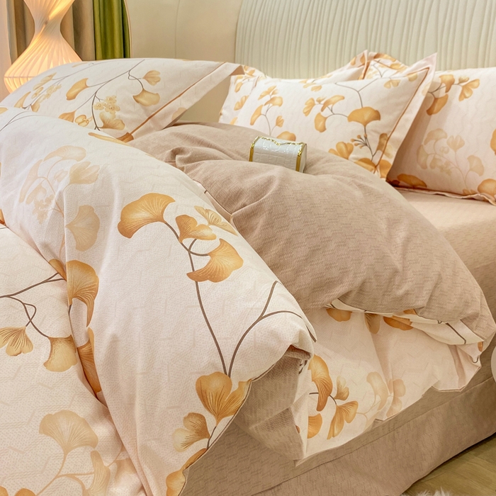 91家纺网 家纺一手货源 找家纺 红日子纺织品 2025新款100%全棉纯棉磨毛四件套 金秋杏叶