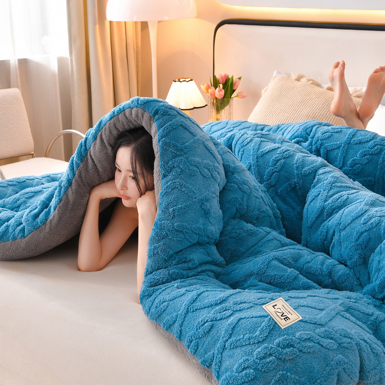 91家纺网 家纺一手货源 找家纺 宇豪家纺 2025新款塔芙绒被子羊羔绒冬被 蓝色