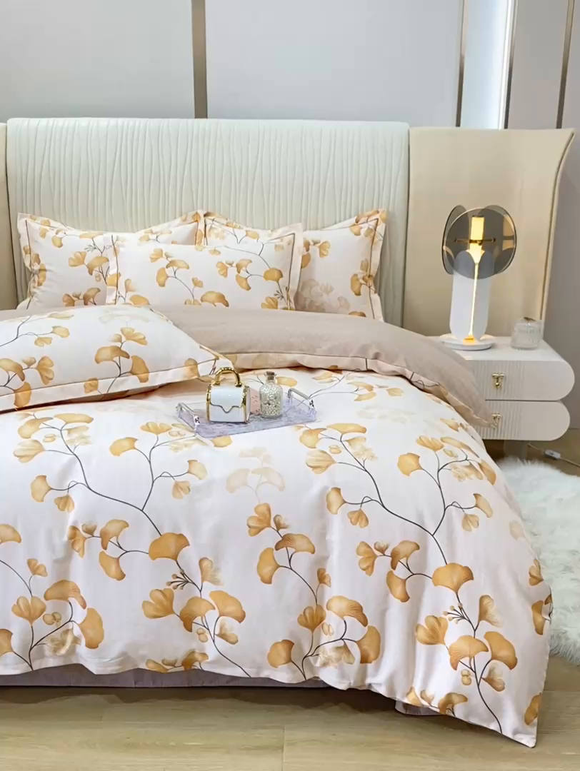 91家纺网 家纺一手货源 找家纺 红日子纺织品 2025新款100%全棉纯棉磨毛四件套 金秋杏叶