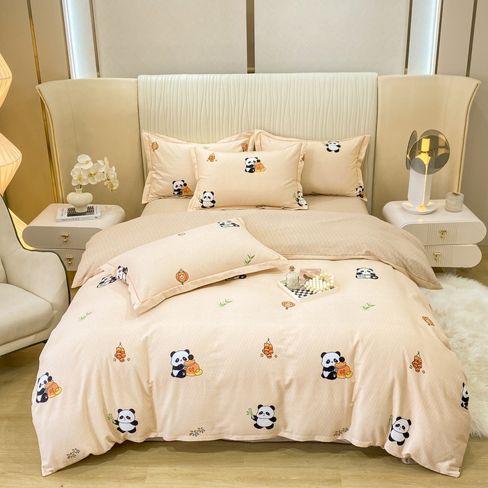 91家纺网 家纺一手货源 找家纺 红日子纺织品 2025新款100%全棉纯棉磨毛四件套 快乐熊猫