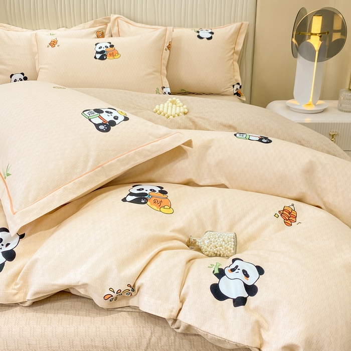 91家纺网 家纺一手货源 找家纺 红日子纺织品 2025新款100%全棉纯棉磨毛四件套 快乐熊猫