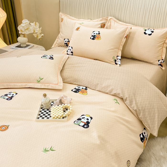 91家纺网 家纺一手货源 找家纺 红日子纺织品 2025新款100%全棉纯棉磨毛四件套 快乐熊猫