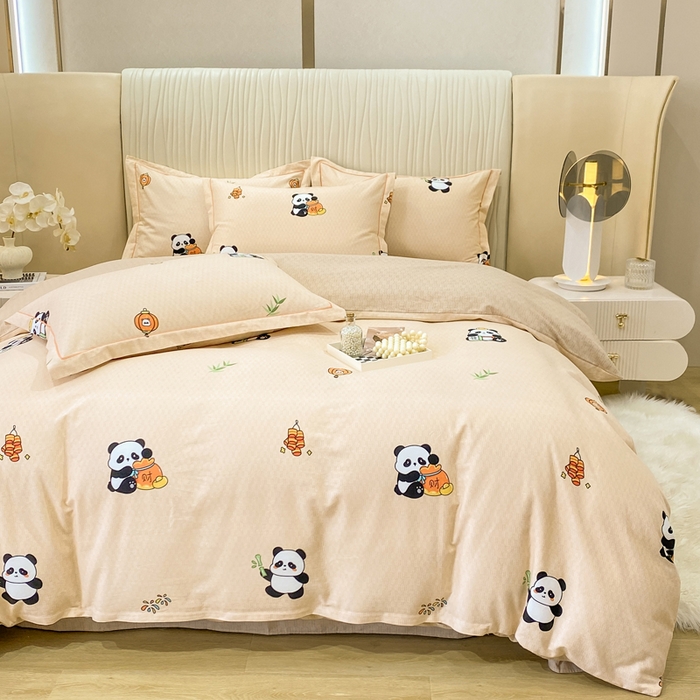 91家纺网 家纺一手货源 找家纺 红日子纺织品 2025新款100%全棉纯棉磨毛四件套 快乐熊猫