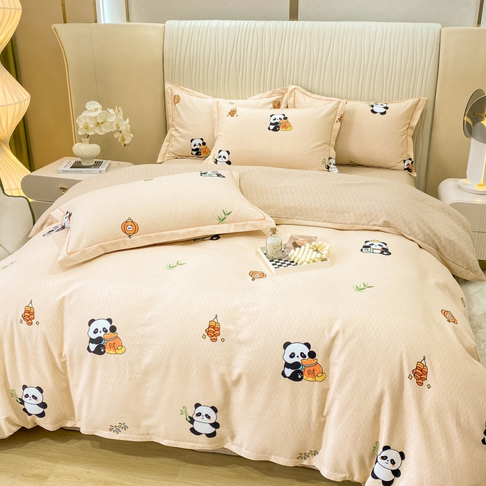 91家纺网 家纺一手货源 找家纺 红日子纺织品 2025新款100%全棉纯棉磨毛四件套 快乐熊猫