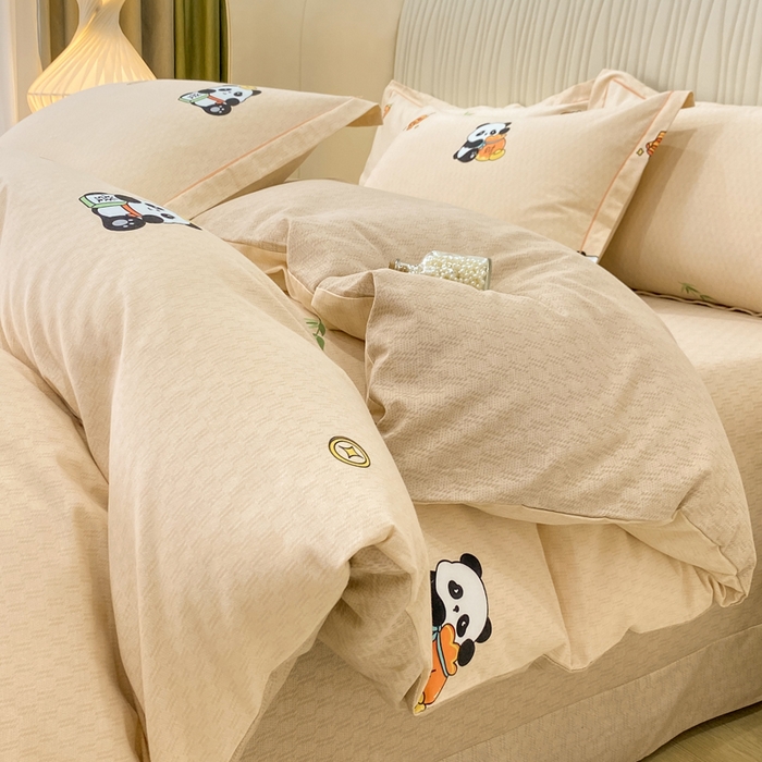 91家纺网 家纺一手货源 找家纺 红日子纺织品 2025新款100%全棉纯棉磨毛四件套 快乐熊猫