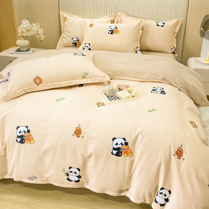 91家纺网 家纺一手货源 找家纺 红日子纺织品 2025新款100%全棉纯棉磨毛四件套 快乐熊猫