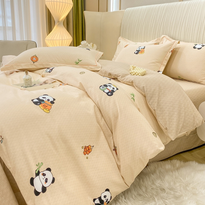 91家纺网 家纺一手货源 找家纺 红日子纺织品 2025新款100%全棉纯棉磨毛四件套 快乐熊猫