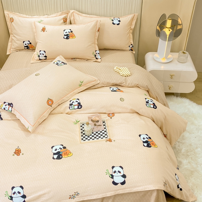 91家纺网 家纺一手货源 找家纺 红日子纺织品 2025新款100%全棉纯棉磨毛四件套 快乐熊猫