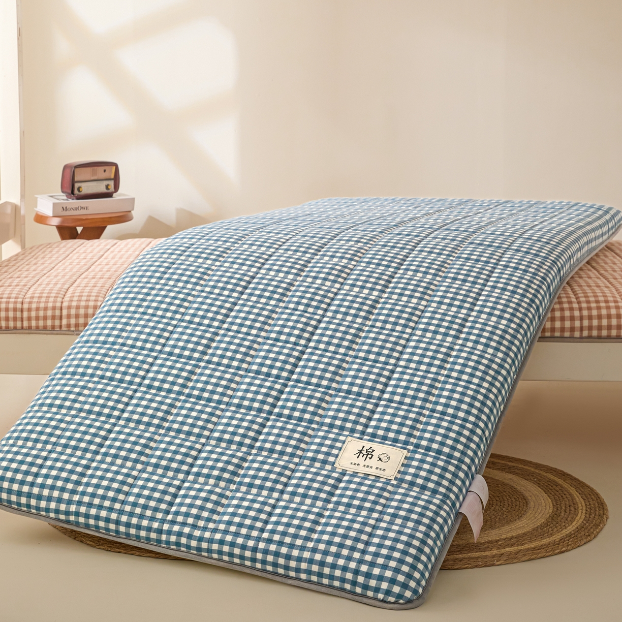 91家纺网 家纺一手货源 找家纺 鑫钰 2025年新款开学季新疆棉花床垫学生宿舍专用80x190  90x190 棉格-蓝小格