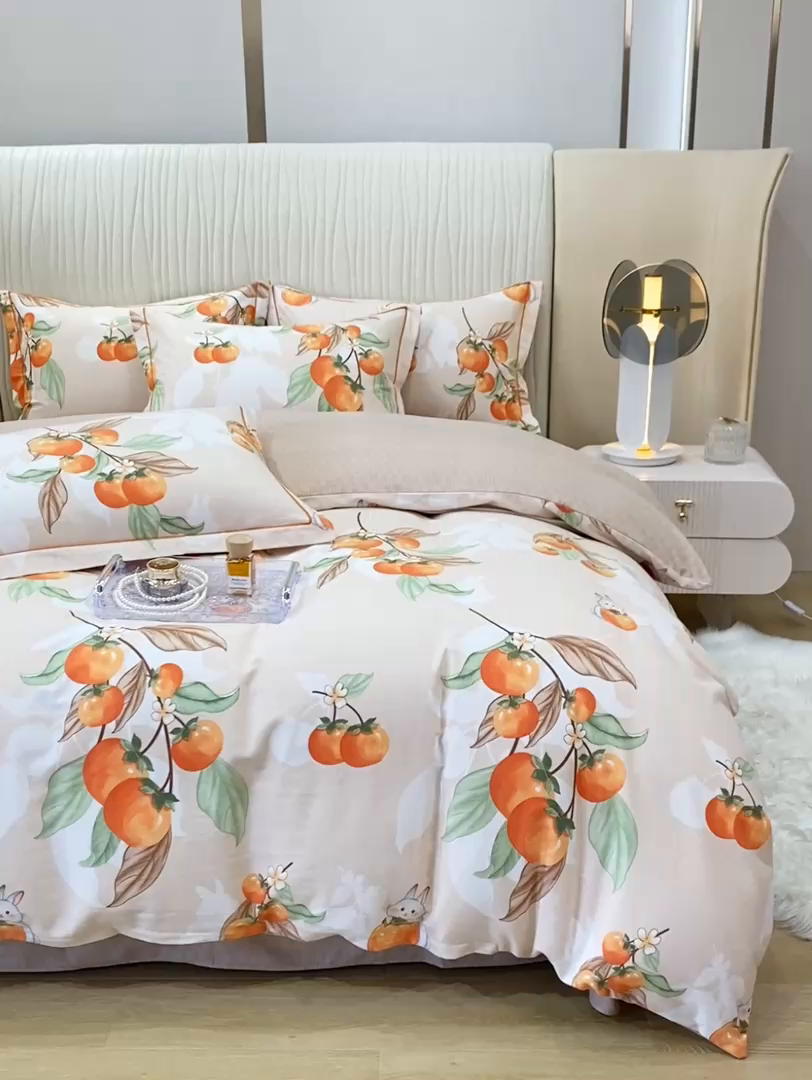 91家纺网 家纺一手货源 找家纺 红日子纺织品 2025新款100%全棉纯棉磨毛四件套 柿柿如意