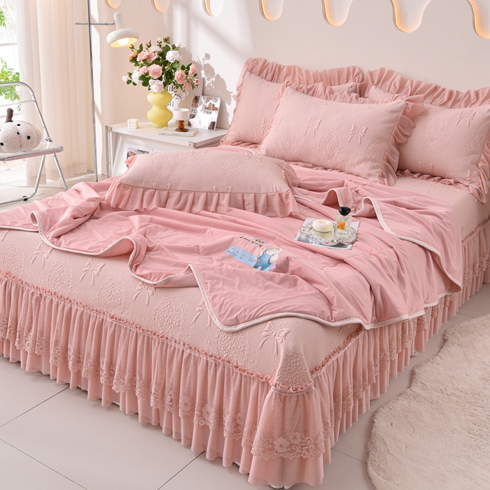 梵克保罗 2025新款凉感豆豆床裙夏被四件套 花梦蝶 粉