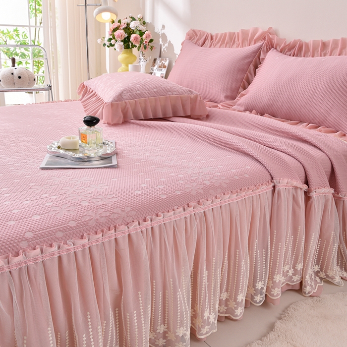 91家纺网 家纺一手货源 找家纺 梵克保罗 2025新款凉感豆豆床裙夏被四件套 幸运花 粉