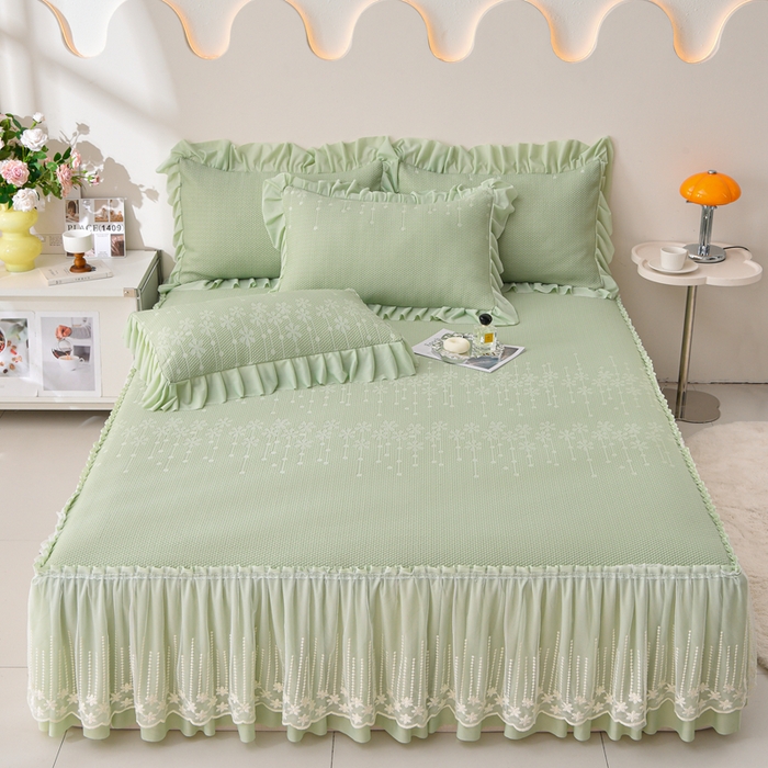 91家纺网 家纺一手货源 找家纺 梵克保罗 2025新款凉感豆豆床裙夏被四件套 幸运花 香草绿