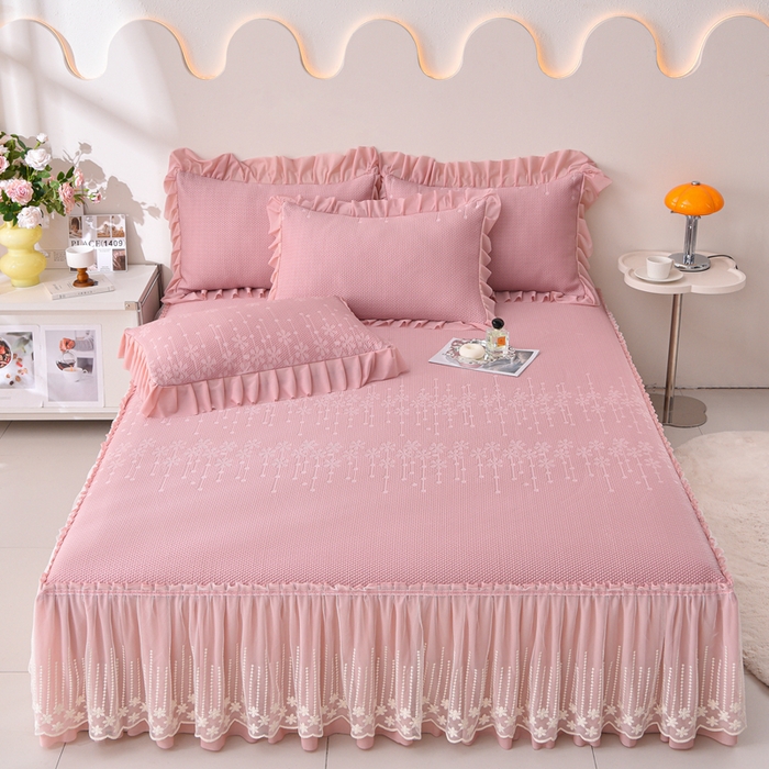 91家纺网 家纺一手货源 找家纺 梵克保罗 2025新款凉感豆豆床裙夏被四件套 幸运花 粉