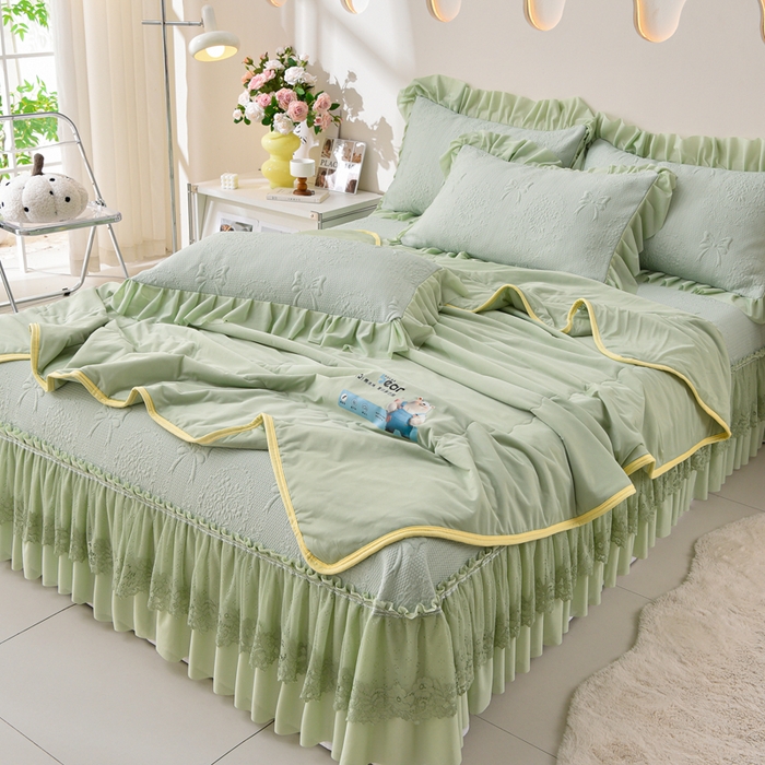 梵克保罗 2025新款凉感豆豆床裙夏被四件套 花梦蝶 绿